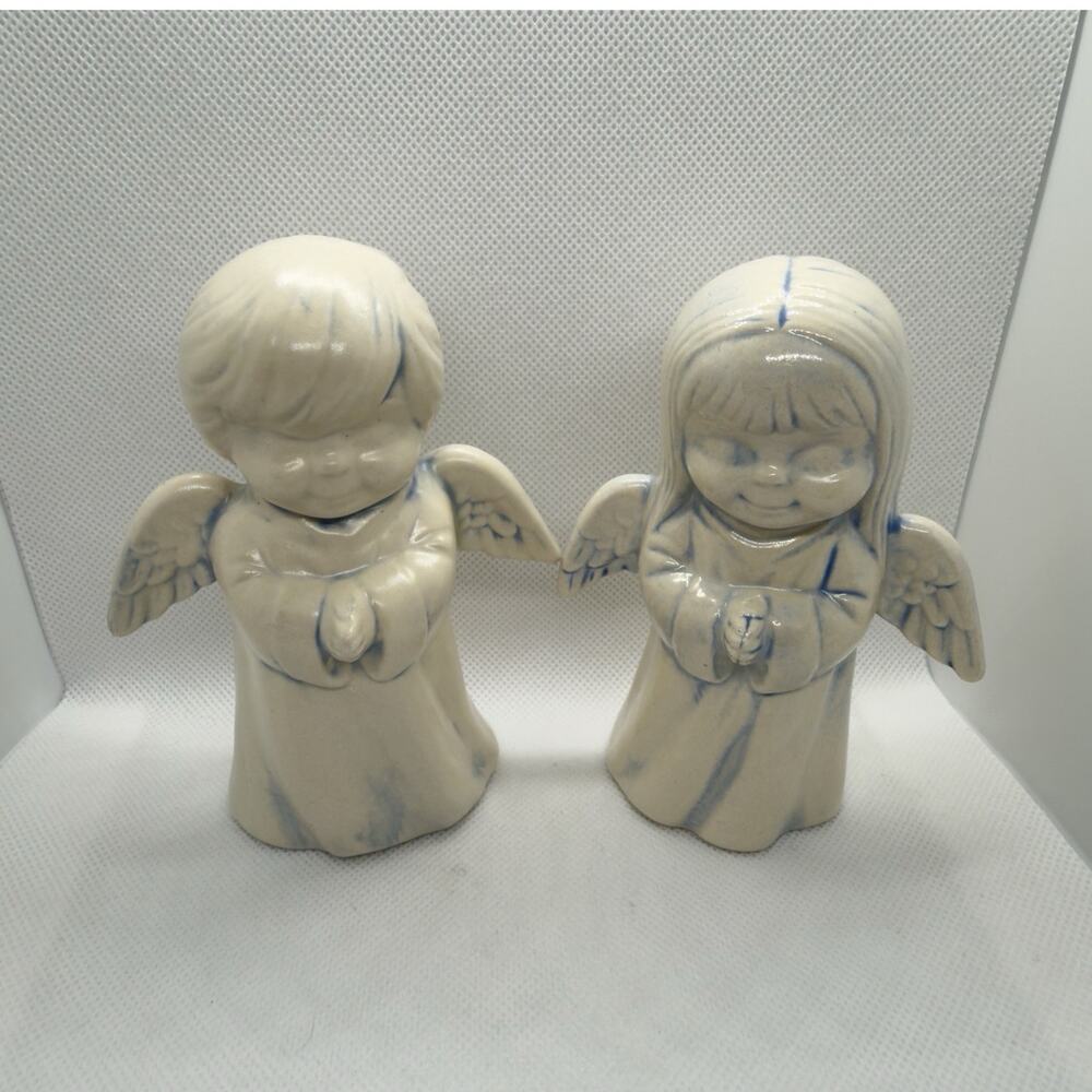 Ceramic Angel Children Prayer Figurines Set of 2 Beige Blue Glossy Decorative 5”